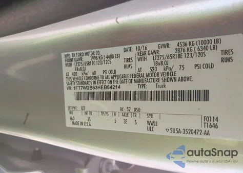 2017 Ford F-250 Xl z USA, uszkodzony, nr VIN 1FT7W2B63HEB84214